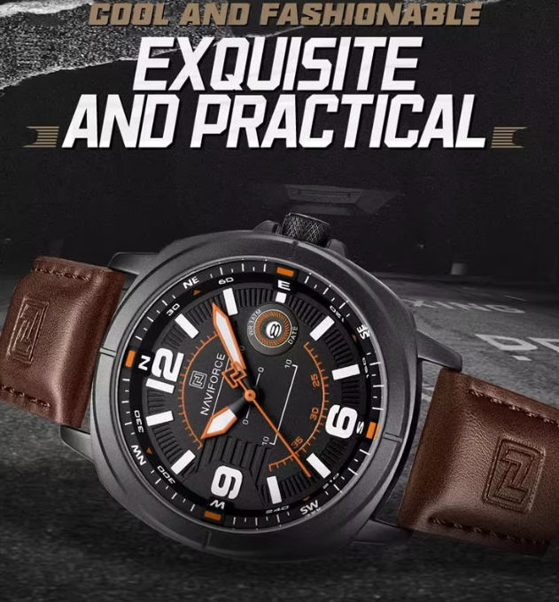 NAVIFORCE NF8078 Men’s Sport Watch – Classic Compass Dial, Luminous Quartz, Waterproof Leather Strap