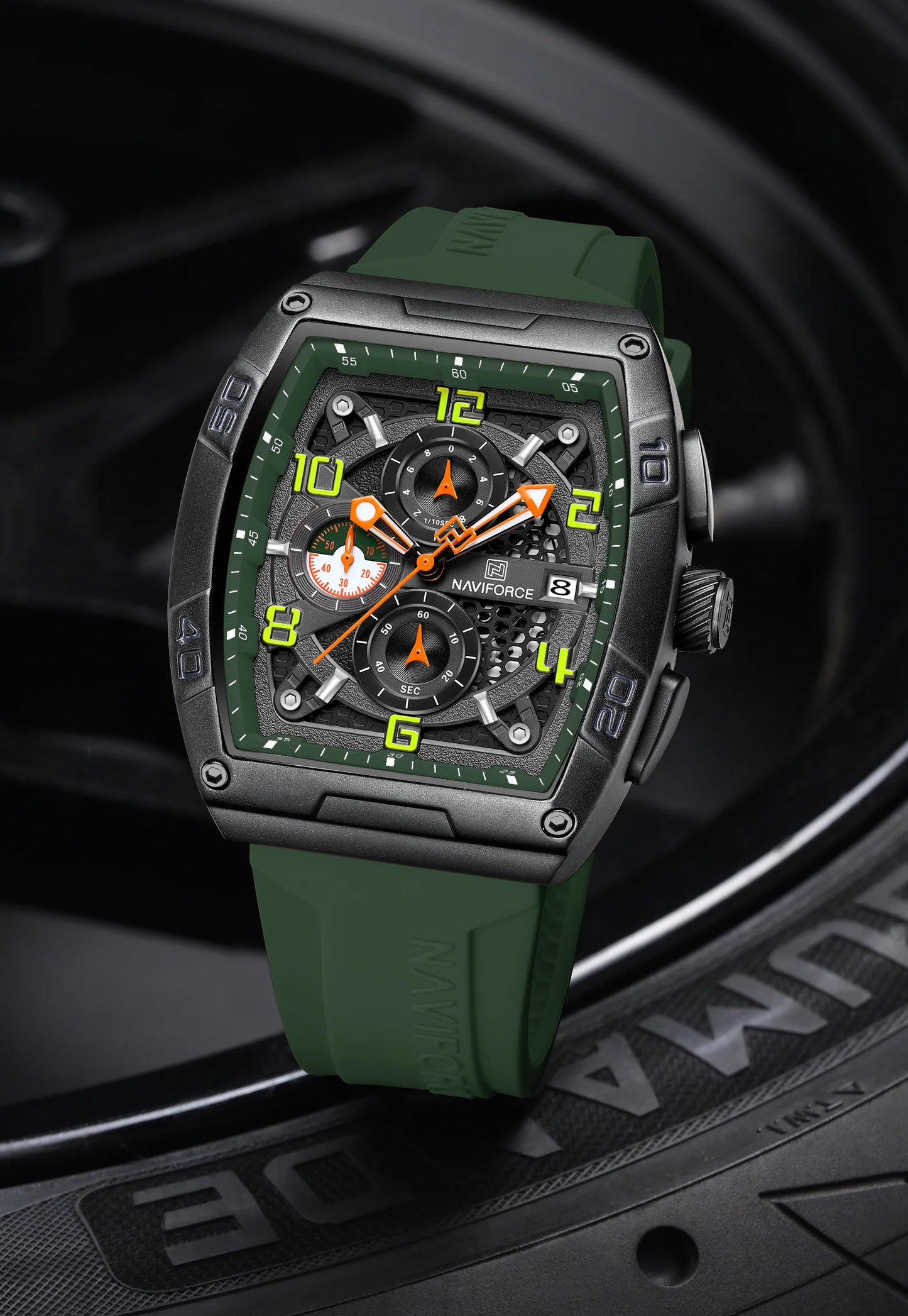 NAVIFORCE NF8052 Men's Cyber Sport Edition Chronograph Watch – 1/10th Second Precision, Waterproof, and Luminous Night-Glow Hands.