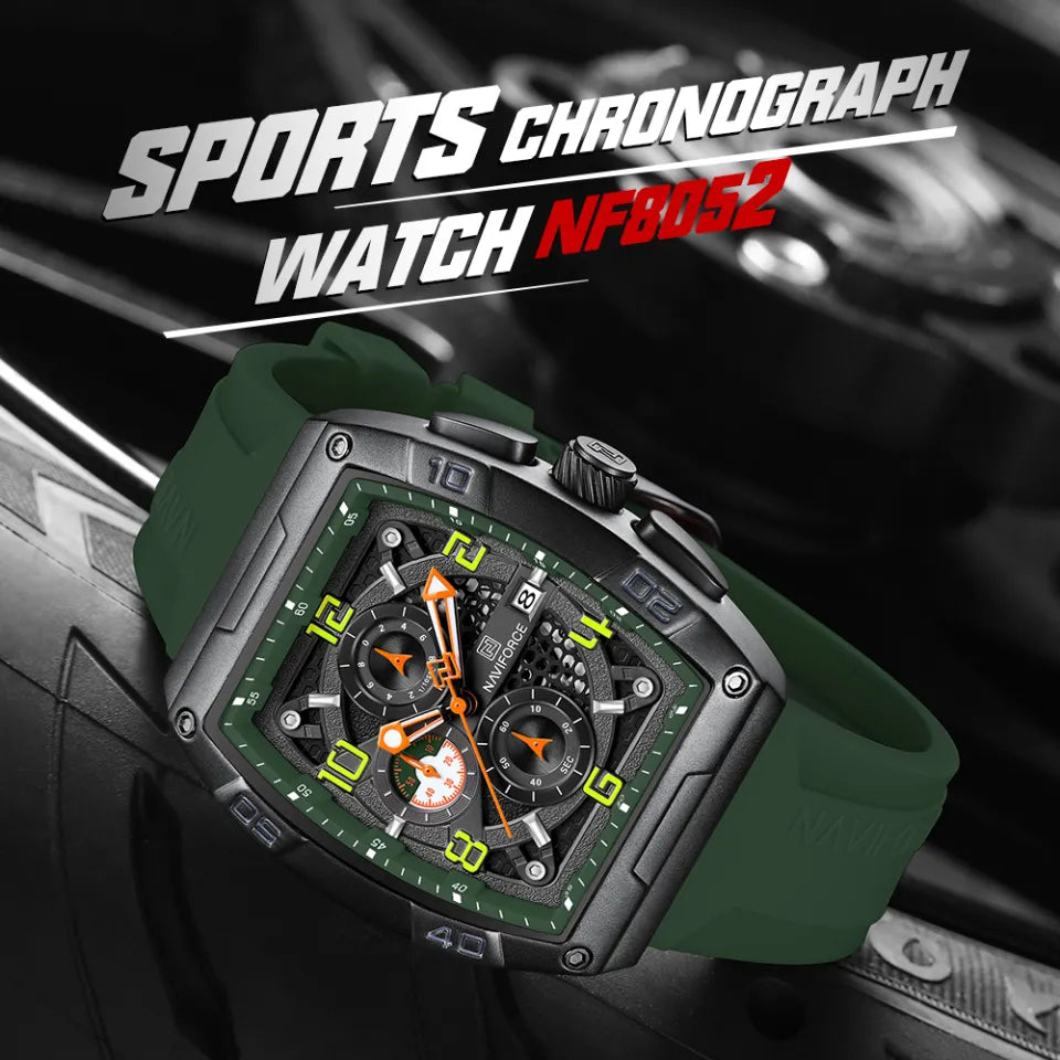 NAVIFORCE NF8052 Men's Cyber Sport Edition Chronograph Watch – 1/10th Second Precision, Waterproof, and Luminous Night-Glow Hands.