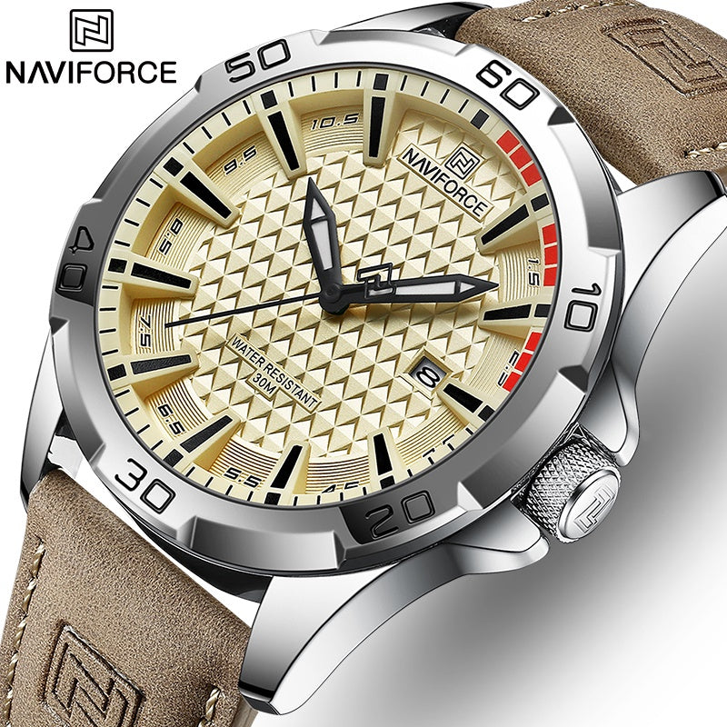 NAVIFORCE NF8023 Men's Sport Quartz Watch - Military-Inspired Design with Luminous Date & Genuine Leather Strap