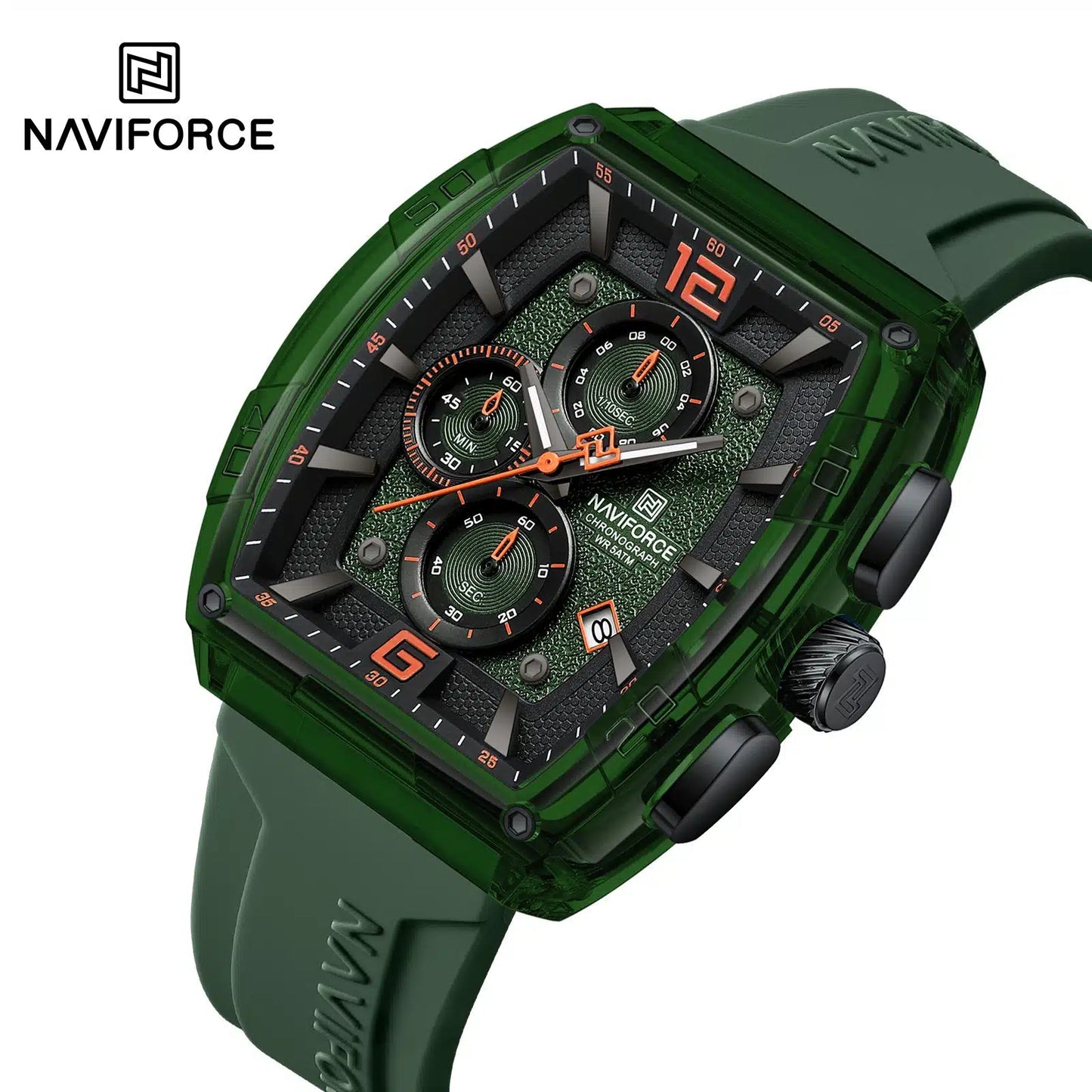 NAVIFORCE NF6101 Men's Translucent Square-Case Watch, Multi-Dial Chronograph, Water Resistant with Precision Timing and Luminous Accents