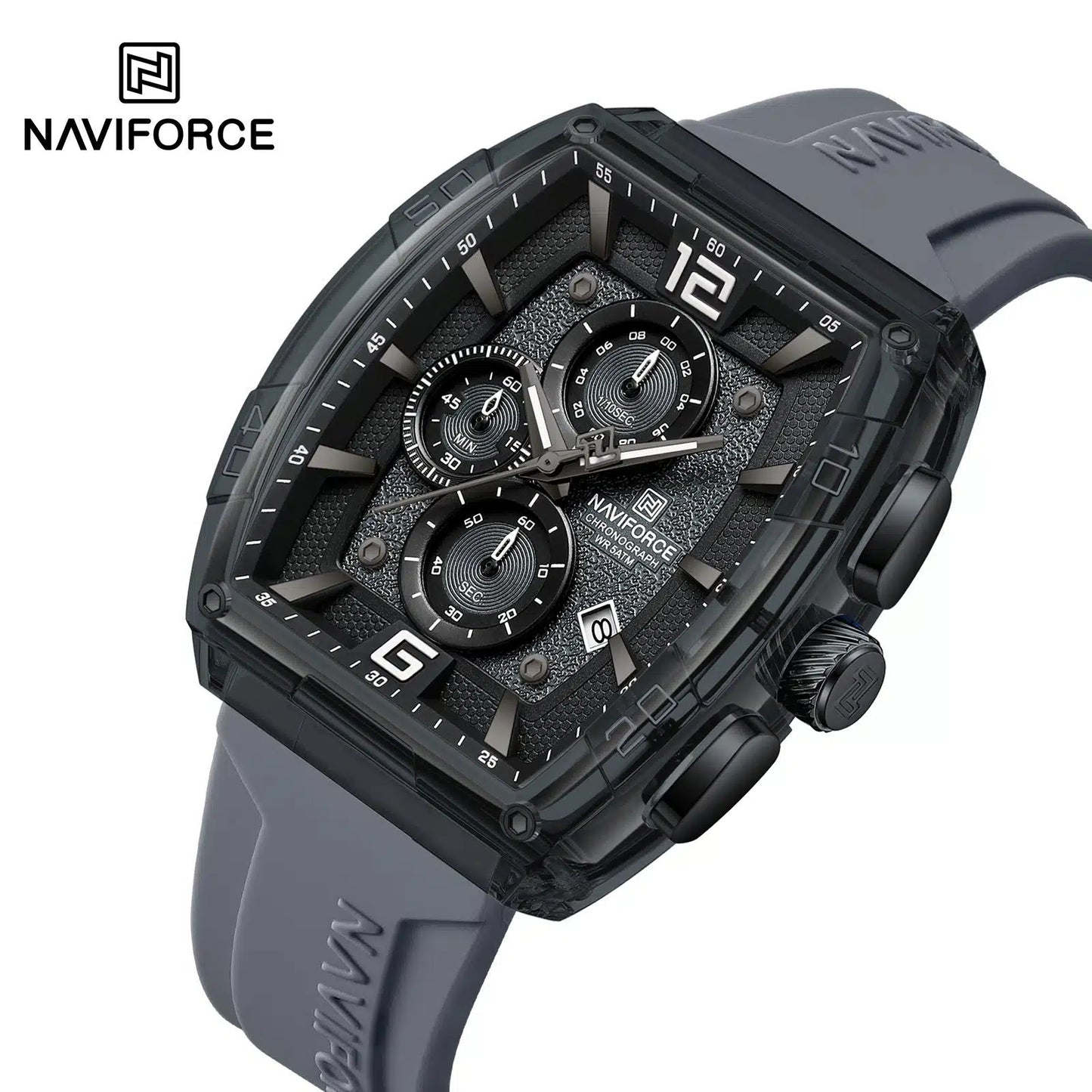 NAVIFORCE NF6101 Men's Translucent Square-Case Watch, Multi-Dial Chronograph, Water Resistant with Precision Timing and Luminous Accents
