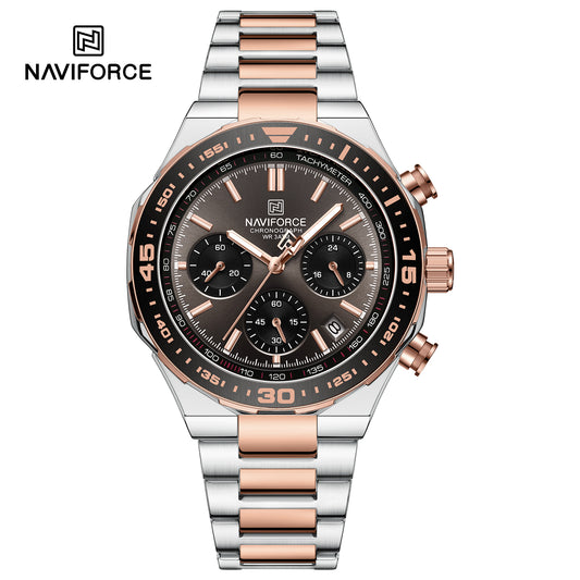 NAVIFORCE NF8049 Gilded Series: Men's Multi-Layered Dial Quartz Chronograph Watch – Waterproof, High-Visibility Lume & Chrome Finish