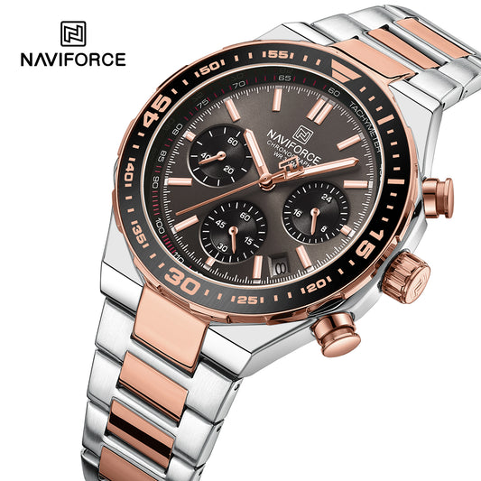 NAVIFORCE NF8049 Gilded Series: Men's Multi-Layered Dial Quartz Chronograph Watch – Waterproof, High-Visibility Lume & Chrome Finish