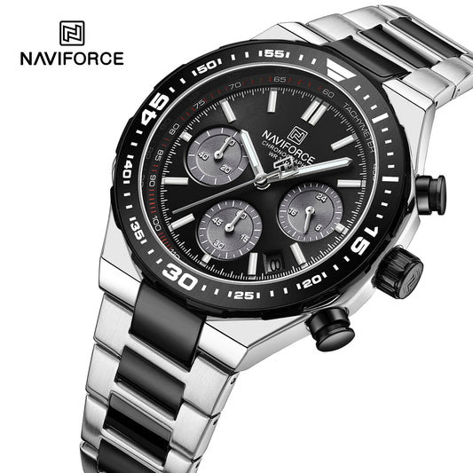 NAVIFORCE NF8049 Gilded Series: Men's Multi-Layered Dial Quartz Chronograph Watch – Waterproof, High-Visibility Lume & Chrome Finish
