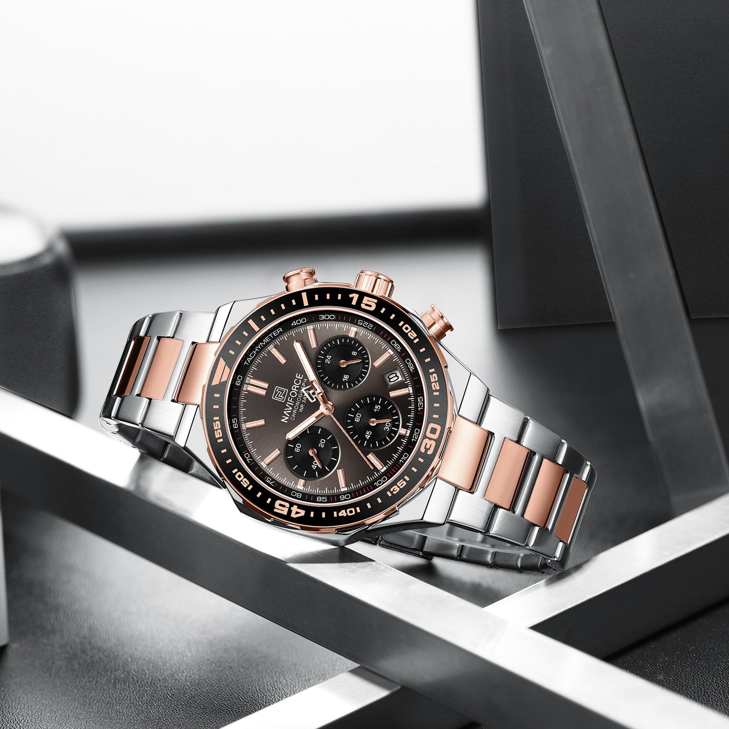 NAVIFORCE NF8049 Gilded Series: Men's Multi-Layered Dial Quartz Chronograph Watch – Waterproof, High-Visibility Lume & Chrome Finish