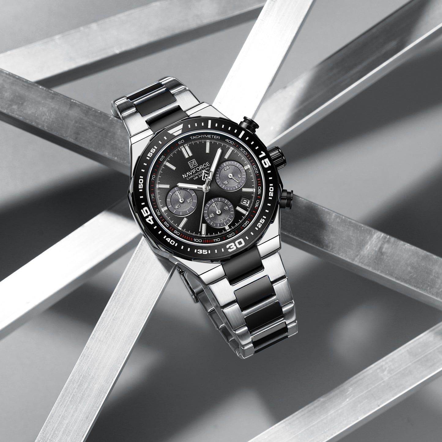 NAVIFORCE NF8049 Gilded Series: Men's Multi-Layered Dial Quartz Chronograph Watch – Waterproof, High-Visibility Lume & Chrome Finish