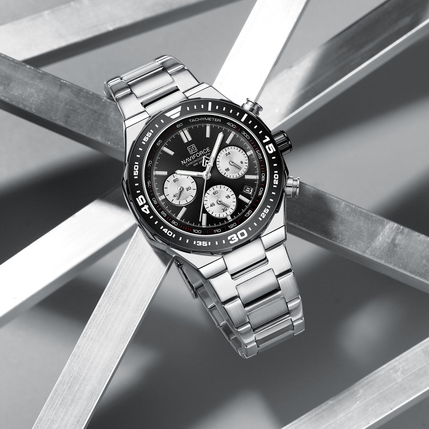 NAVIFORCE NF8049 Gilded Series: Men's Multi-Layered Dial Quartz Chronograph Watch – Waterproof, High-Visibility Lume & Chrome Finish