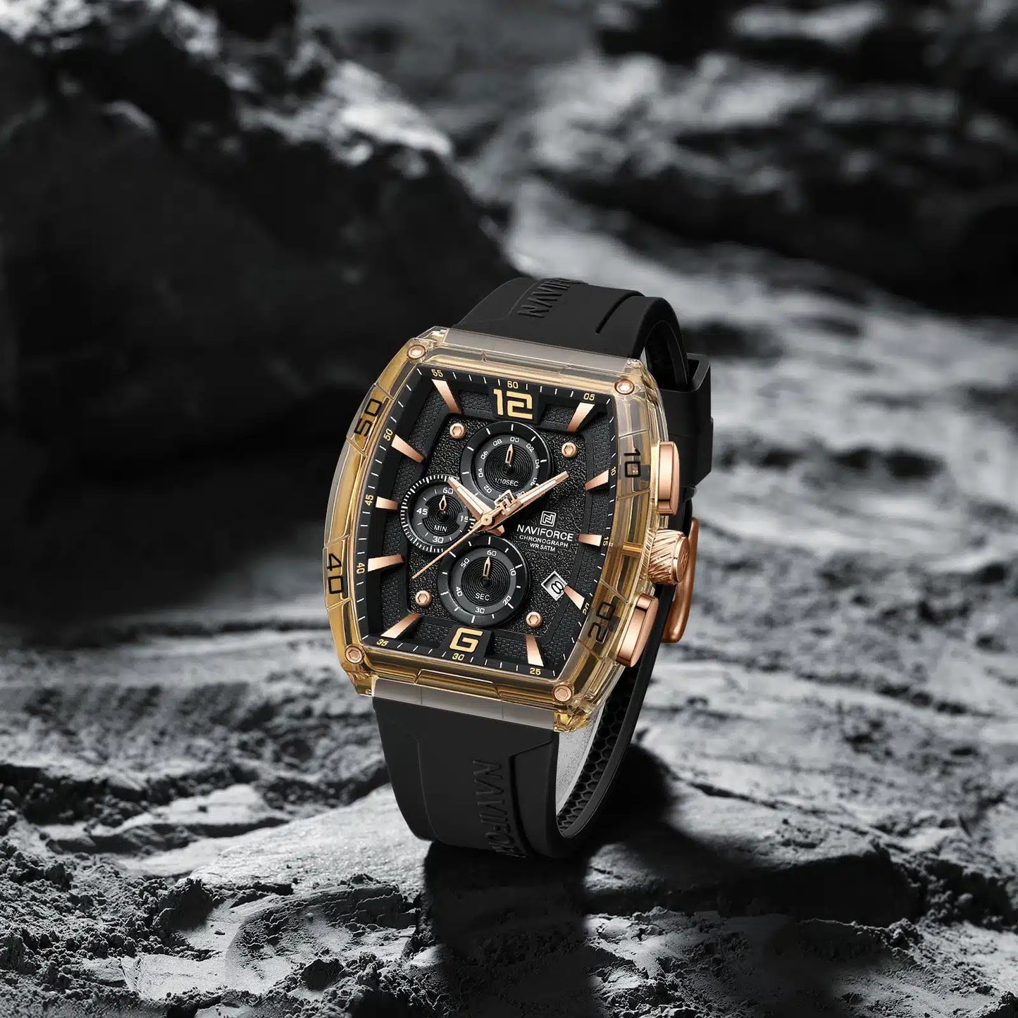 NAVIFORCE NF6101 Men's Translucent Square-Case Watch, Multi-Dial Chronograph, Water Resistant with Precision Timing and Luminous Accents