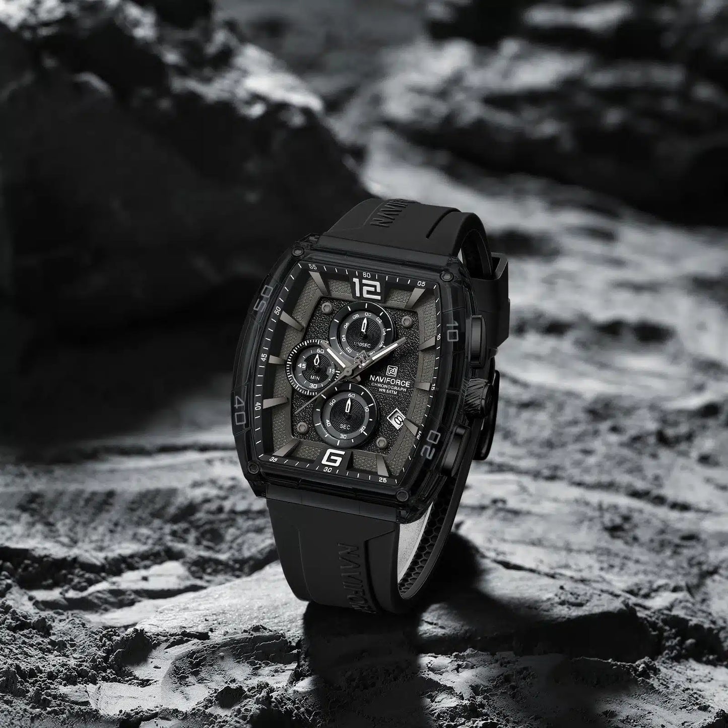 NAVIFORCE NF6101 Men's Translucent Square-Case Watch, Multi-Dial Chronograph, Water Resistant with Precision Timing and Luminous Accents