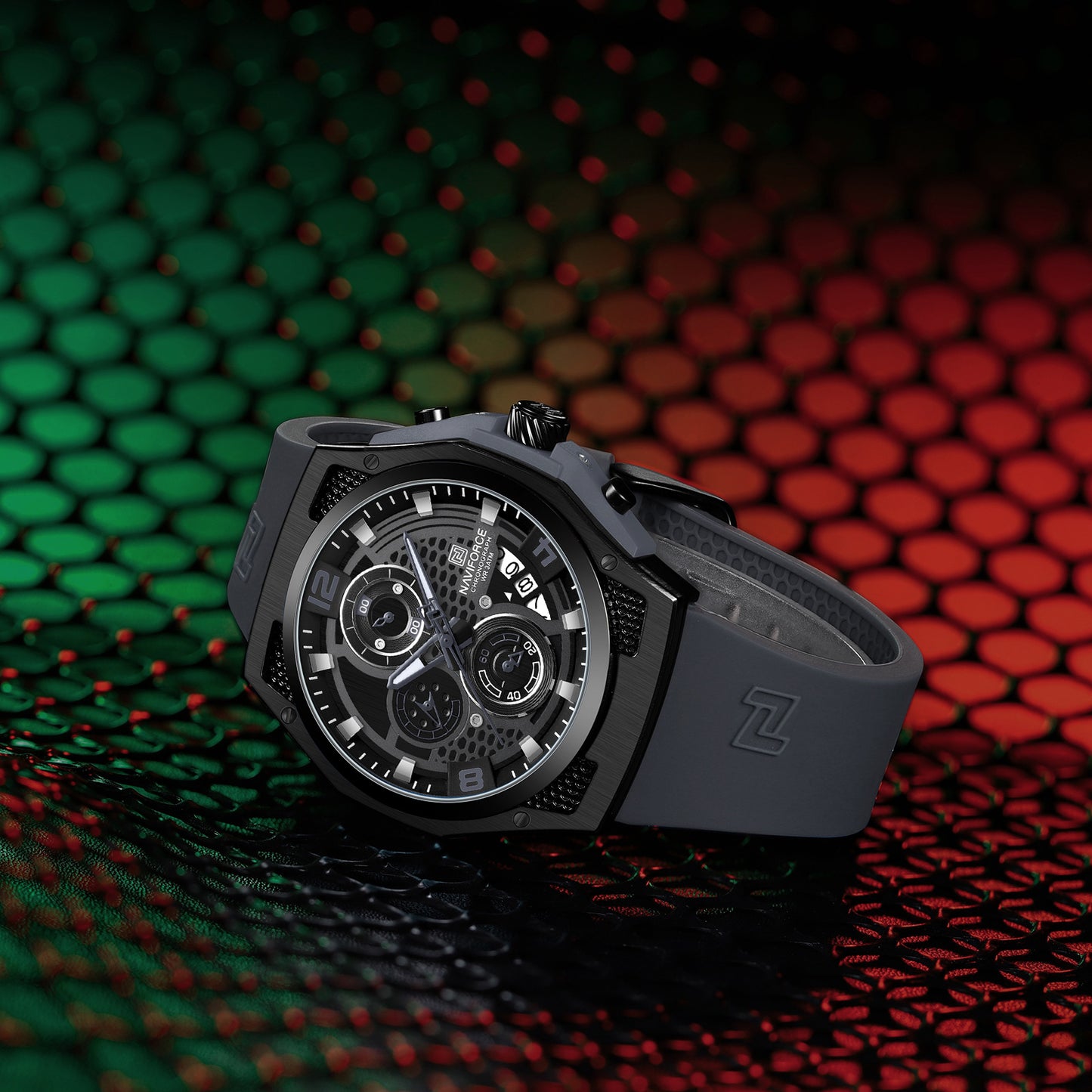 NAVIFORCE NF8051 "Honey-Nest" Series: Men's Industrial Sport Chronograph with Multi-Layered Dial and Silicone Strap
