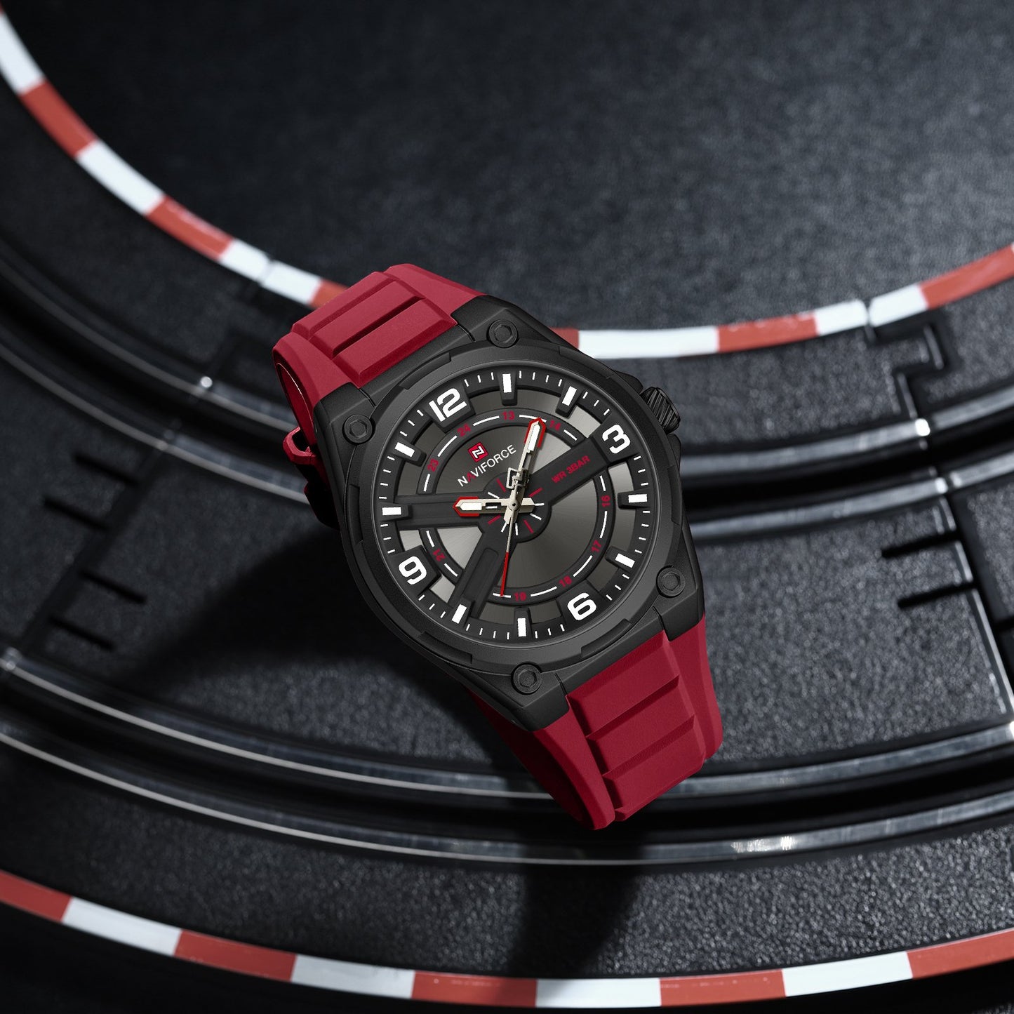 NAVIFORCE NF9260 "Red Horizon" High-Performance Quartz Watch featuring Skeletonized Layered Cross Design