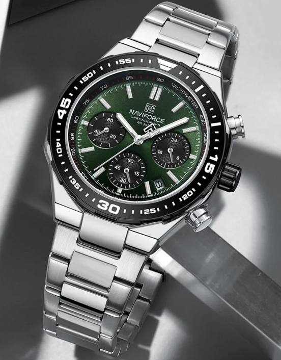 NAVIFORCE NF8049 Gilded Series: Men's Multi-Layered Dial Quartz Chronograph Watch – Waterproof, High-Visibility Lume & Chrome Finish