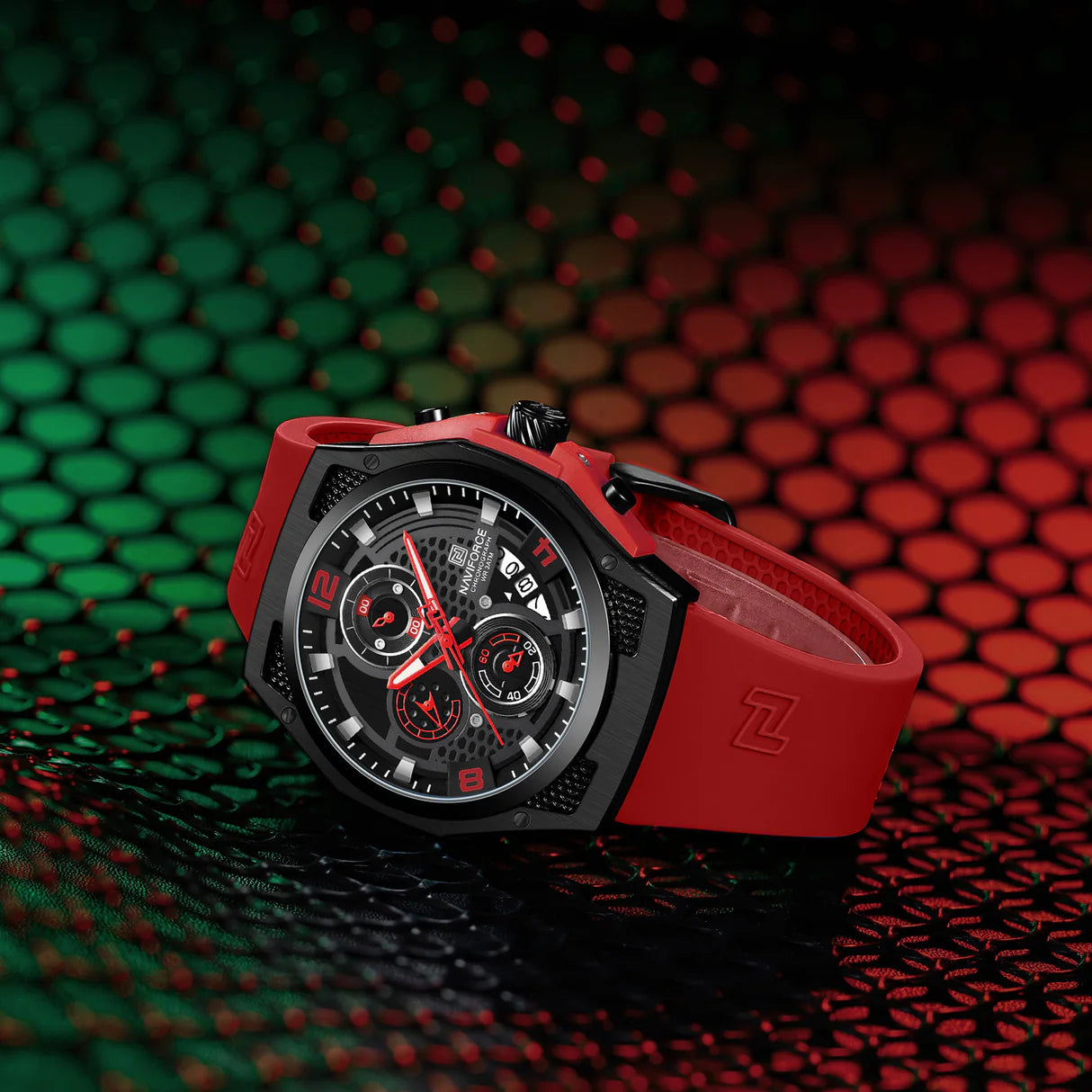 NAVIFORCE NF8051 "Honey-Nest" Series: Men's Industrial Sport Chronograph with Multi-Layered Dial and Silicone Strap