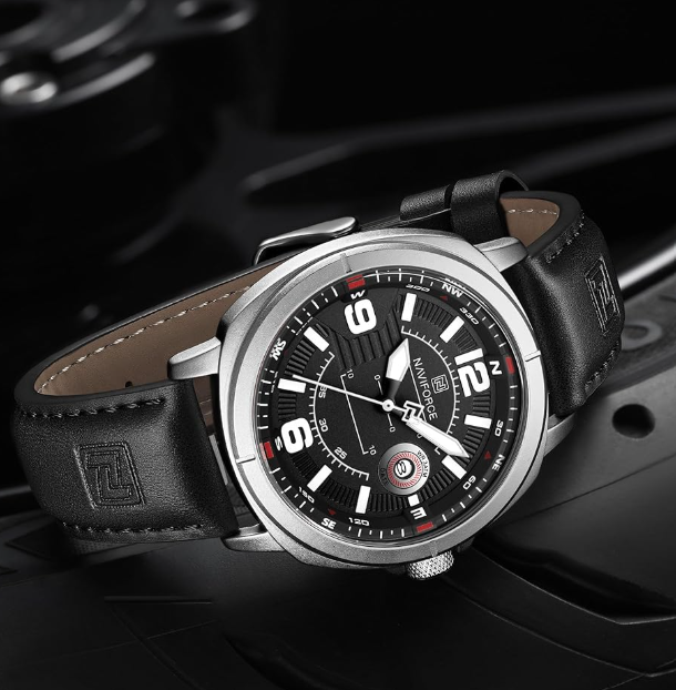 NAVIFORCE NF8078 Men’s Sport Watch – Classic Compass Dial, Luminous Quartz, Waterproof Leather Strap