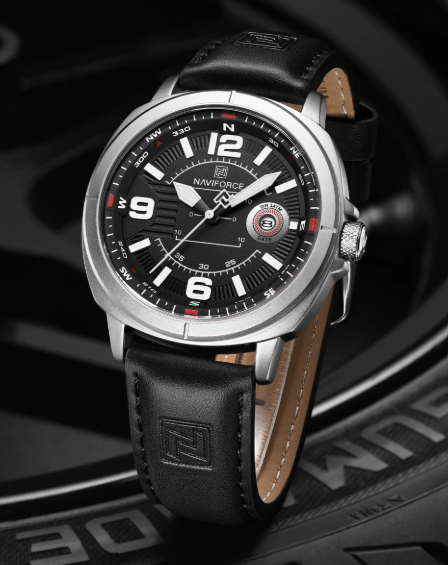 NAVIFORCE NF8078 Men’s Sport Watch – Classic Compass Dial, Luminous Quartz, Waterproof Leather Strap