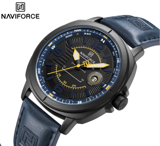 NAVIFORCE NF8078 Men’s Sport Watch – Classic Compass Dial, Luminous Quartz, Waterproof Leather Strap