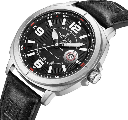 NAVIFORCE NF8078 Men’s Sport Watch – Classic Compass Dial, Luminous Quartz, Waterproof Leather Strap