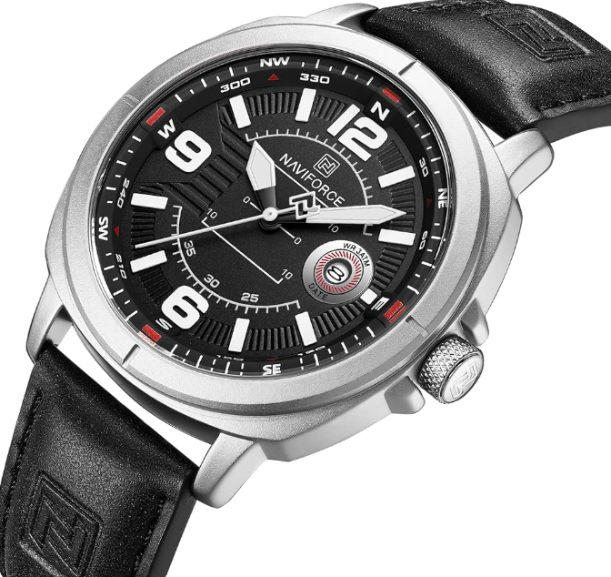 NAVIFORCE NF8078 Men’s Sport Watch – Classic Compass Dial, Luminous Quartz, Waterproof Leather Strap