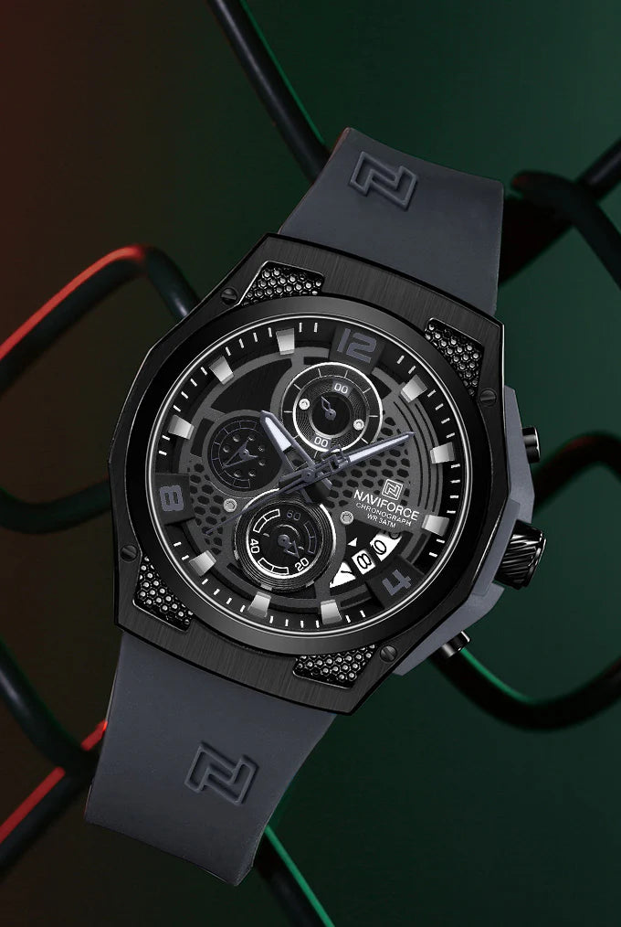 NAVIFORCE NF8051 "Honey-Nest" Series: Men's Industrial Sport Chronograph with Multi-Layered Dial and Silicone Strap